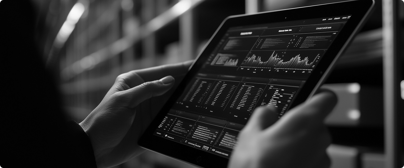 Business analytics dashboard on tablet showing real-time data visualization and enterprise AI insights for decision-making