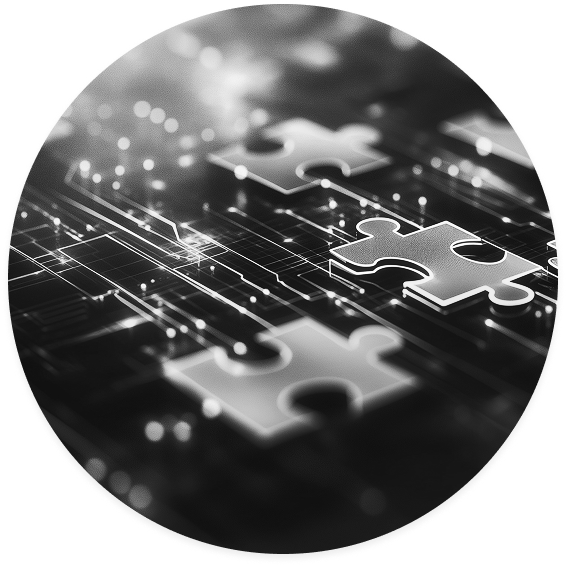 Puzzle pieces on circuit board representing data integration solutions and enterprise AI system implementation strategy