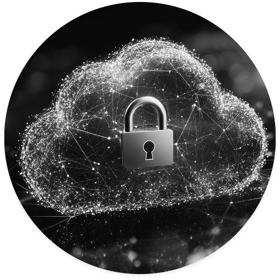 Secure cloud network with padlock showing enterprise data governance and privacy-first AI solutions for business protection