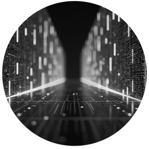 Secure data corridor with flowing information streams representing protected enterprise analytics and AI infrastructure